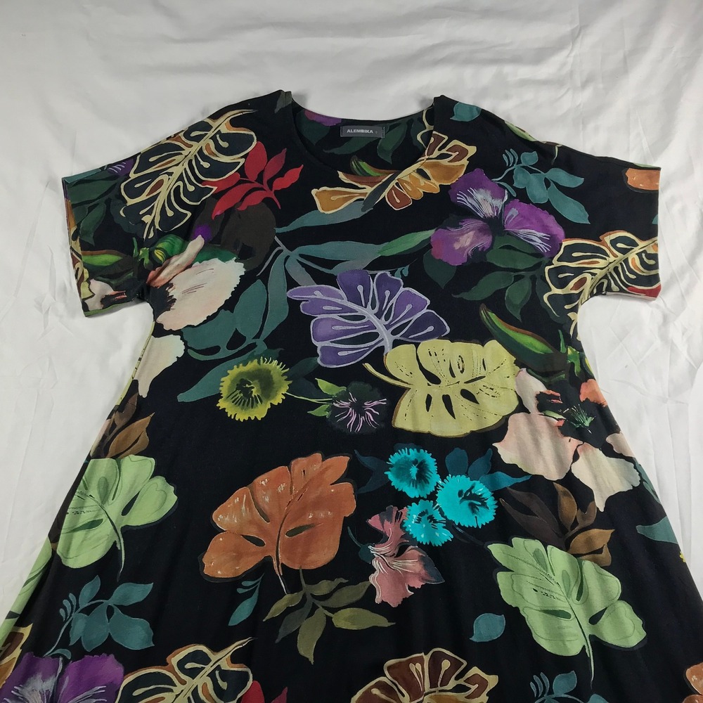 Alembika Black Tropical Floral Monstera Print A-Line Midi Dress Size 0 - Picture 6 of 10